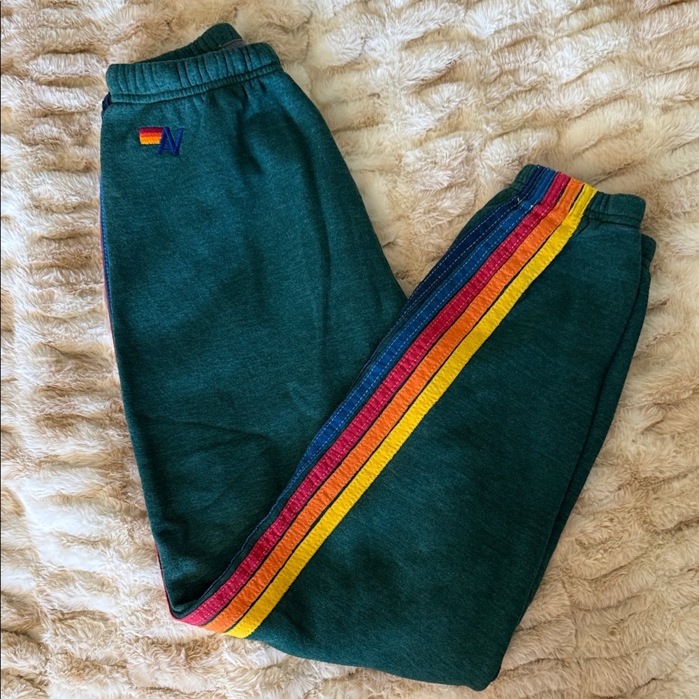 Aviator Nation Forest Green Track Pants with Rainbow Side Stripes